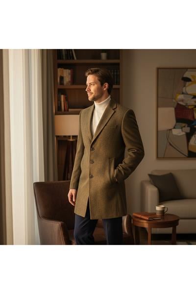 Liberto Erkek Haki Ceket Yaka Slim Fit Kaşe Kaban