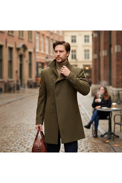 Liberto Erkek Haki Şal Yaka Slim Fit Kaşe Kaban