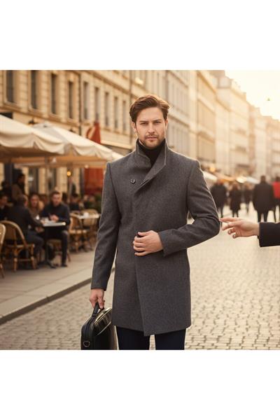 Liberto Erkek Kahve-Lacivert Şal Yaka Slim Fit Kaşe Kaban
