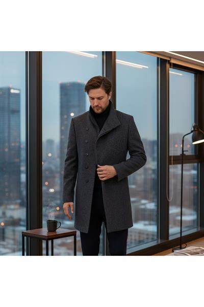 Liberto Erkek Lacivert-Füme Şal Yaka Slim Fit Kaşe Kaban
