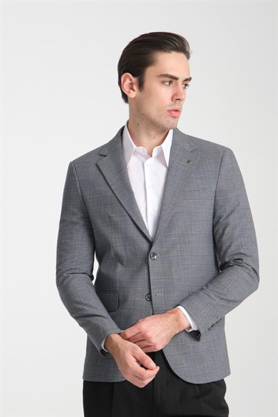 Loreo Erkek Gri Poliviskon Kumaş Yarım Astarlı Mono Yaka Slim Fit Spor Blazer Ceket