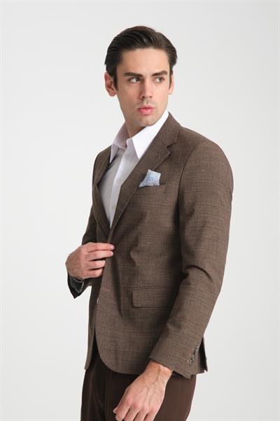 Loreo Erkek Kahverengi Poliviskon Kumaş Yarım Astarlı Mono Yaka Slim Fit Spor Blazer Ceket