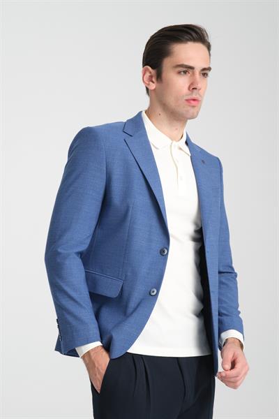 Loreo Erkek Mavi Poliviskon Kumaş Yarım Astarlı Mono Yaka Slim Fit Spor Blazer Ceket
