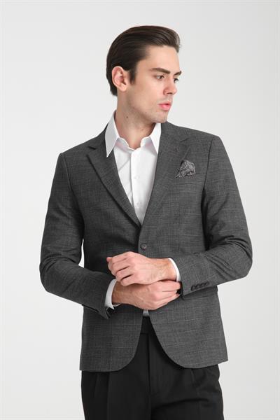 Loreo Erkek Siyah Poliviskon Kumaş Yarım Astarlı Mono Yaka Slim Fit Spor Blazer Ceket