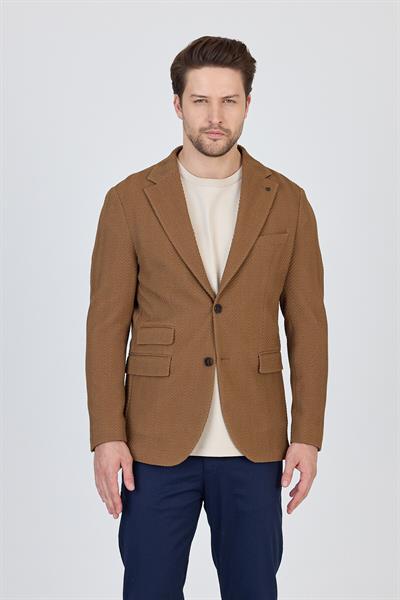 Lores Erkek Hardal Astarsız Soft Balıksırtı Desenli Esneyen Kumaş Likralı Spor Blazer Ceket