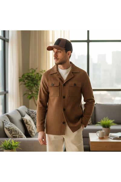 Lores Erkek Hardal Overshirt Esneyen Desenli Kumaş Baharlık Trenç Ceket-Mont