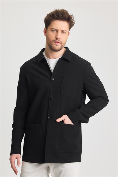 Lores Erkek Siyah Astarsız Pamuk Karışımlı Esnek Kumaş Overshirt İlkbahar-Yaz Spor Ceket