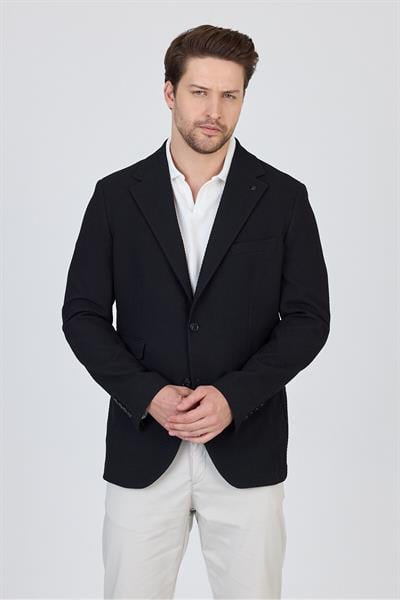 Lores Erkek Siyah Astarsız Soft Balıksırtı Desenli Esneyen Kumaş Likralı Spor Blazer Ceket