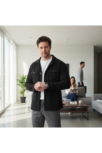 Lores Erkek Siyah Overshirt Esneyen Desenli Kumaş Baharlık Trenç Ceket-Mont
