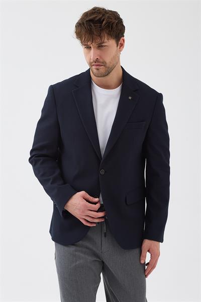 Lorix Erkek Koyu Lacivert Esneyen Poliviskon Kumaşlı Tam Astarlı SlimFit Mono Yaka Spor Blazer Ceket