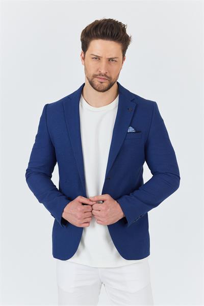 Lozan Erkek Koyu Lacivert Keten Karışımlı Slim Fit İlkbahar-Yazlık Spor Blazer Ceket