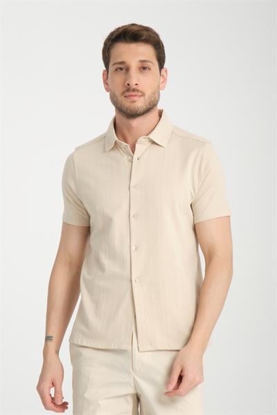 Lucero Erkek Bej %100 Pamuk Çekmeyen Slim Fit İnce Polo Yaka Spor Gömlek