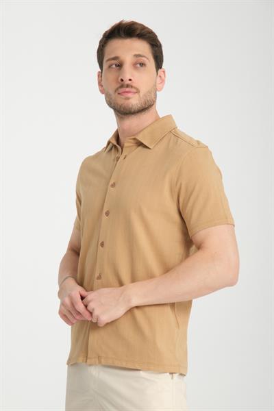 Lucero Erkek Koyu Bej %100 Pamuk Çekmeyen Slim Fit İnce Polo Yaka Spor Gömlek