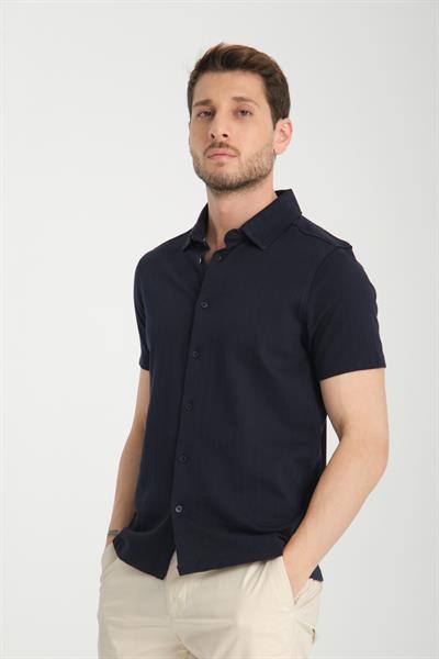 Lucero Erkek Lacivert %100 Pamuk Çekmeyen Slim Fit İnce Polo Yaka Spor Gömlek