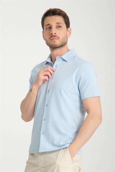 Lucero Erkek Mavi %100 Pamuk Çekmeyen Slim Fit İnce Polo Yaka Spor Gömlek