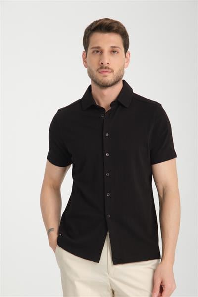 Lucero Erkek Siyah %100 Pamuk Çekmeyen Slim Fit İnce Polo Yaka Spor Gömlek