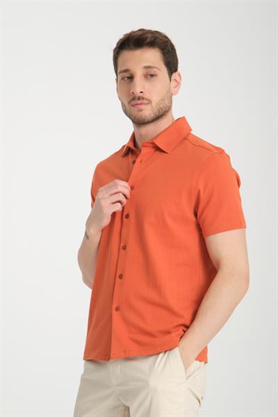 Lucero Erkek Turuncu %100 Pamuk Çekmeyen Slim Fit İnce Polo Yaka Spor Gömlek