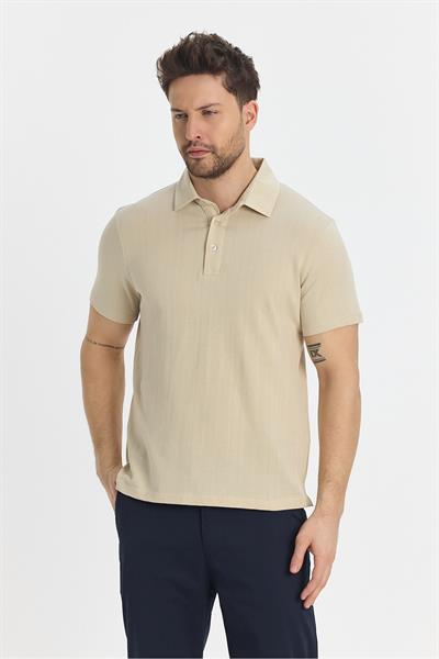 Luceroo Erkek Açık Bej %100 Pamuk Çekmeyen Kumaş Slim Fit Dar Kesim Polo Yaka Tişört