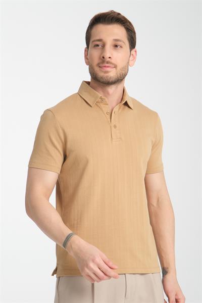 Luceroo Erkek Koyu Bej %100 Pamuk Çekmeyen Kumaş Slim Fit Dar Kesim Polo Yaka Tişört