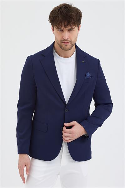 Luciano Erkek Açık Lacivert Poliviskon Kumaşlı SlimFit Kendinden Mendilli MonoYaka Spor Blazer Ceket