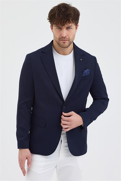 Luciano Erkek Koyu Lacivert Poliviskon Kumaşlı SlimFit Kendinden Mendilli MonoYaka Spor Blazer Ceket