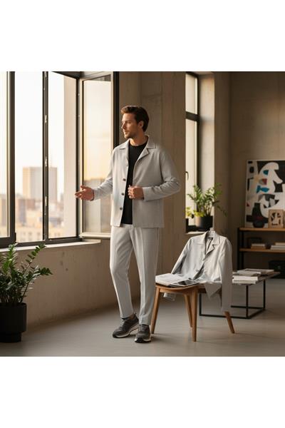 Lucos Erkek Açık Gri Likralı Esneyen Kumaş 2li Overshirt Ceket+Jogger Lastikli Pantolon