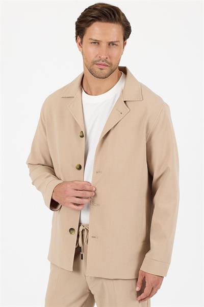 Lucos Erkek Bej Likralı Esneyen Kumaş 2li Overshirt Ceket+Jogger Lastikli Pantolon