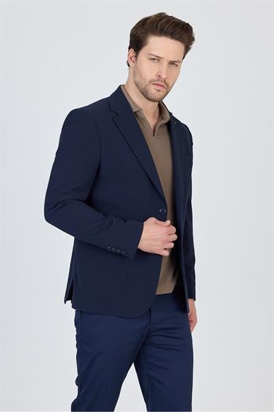 Lucos Erkek Lacivert Yarım Astar Torba Cep Likralı Gofre Kumaşlı Spor Blazer Ceket