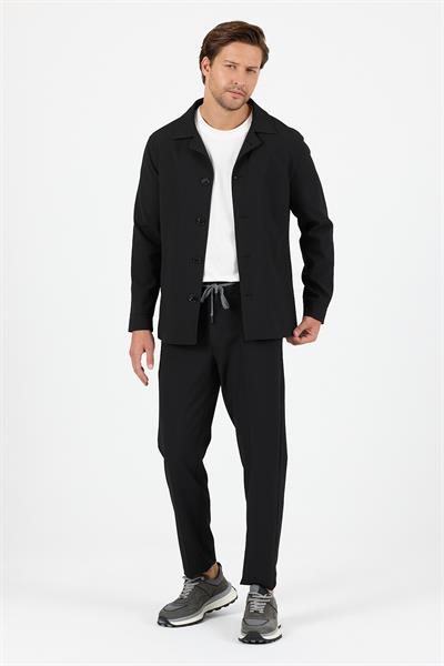 Lucos Erkek Siyah Likralı Esneyen Kumaş 2li Overshirt Ceket+Jogger Lastikli Pantolon