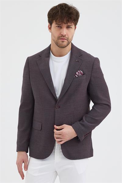 Lunos Erkek Bordo Poliviskon Kumaşlı Slim Fit Kendinden Mendilli Mono Yaka Spor Blazer Ceket