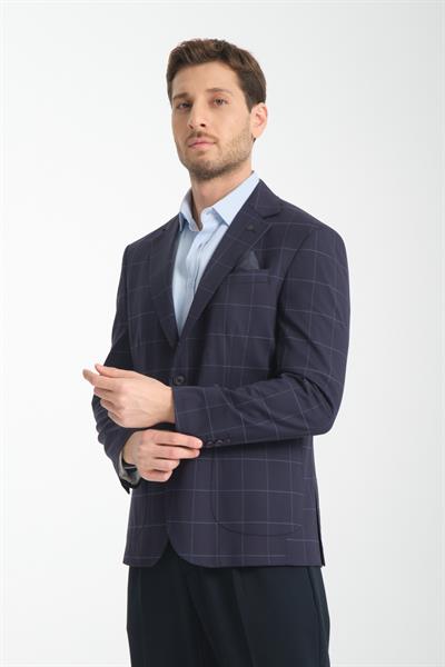 Maino Erkek Lacivert Ekose Yarım Astar Slim Fit Mono Yaka Spor Blazer Ceket