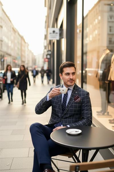 Manino Erkek Koyu Lacivert Ekose Desenli Poliviskon Kumaşlı Slim Fit Mono Yaka Spor Blazer Ceket