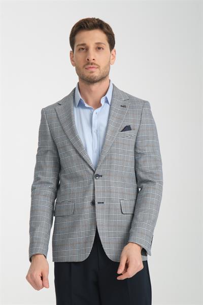 Manio Erkek Lacivert Ekose Slim Fit Mono Yaka Spor Blazer Ceket