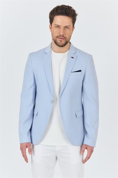 Manzoni Erkek Buz Mavi Polyviskon Kumaşlı Mono Yaka Slim Fit Blazer Ceket