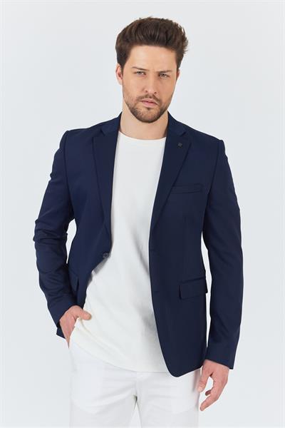 Manzoni Erkek Lacivert Polyviskon Kumaşlı Mono Yaka Slim Fit Blazer Ceket