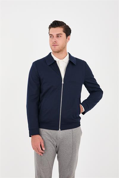 Marcio 360 Esneyen Örme Erkek Koyu Lacivert Fermuarlı Slim Fit Polo Yaka Ceket Mont