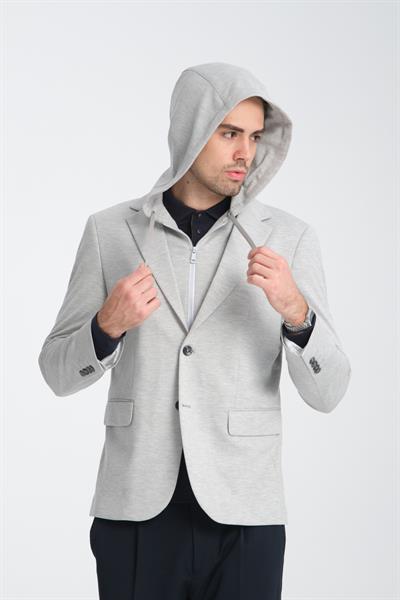 Marcio Erkek Gri Çıkarılabilir Kapşonlu Yarım Astar Slim Fit Mono Yaka Spor Blazer Ceket