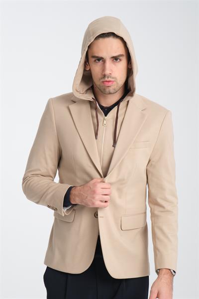 Marcio Erkek Krem Çıkarılabilir Kapşonlu Yarım Astar Slim Fit Mono Yaka Spor Blazer Ceket