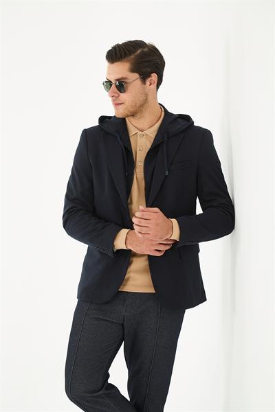 Marcio Erkek Lacivert Çıkarılabilir Kapşonlu Yarım Astar Slim Fit Mono Yaka Spor Blazer Ceket