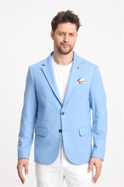 Marcio Erkek Mavi Pamuk Karışımlı Esneyen Kumaş Mono Yaka Slim Fit Spor Blazer Ceket