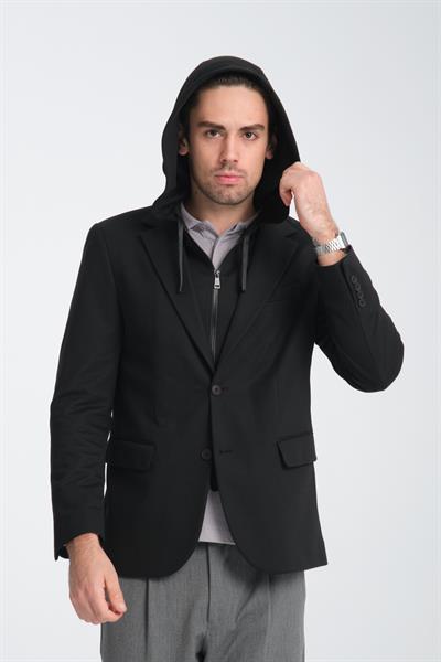 Marcio Erkek Siyah Çıkarılabilir Kapşonlu Yarım Astar Slim Fit Mono Yaka Spor Blazer Ceket