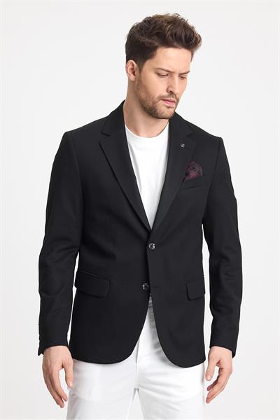 Marcio Erkek Siyah Pamuk Karışımlı Esneyen Kumaş Mono Yaka Slim Fit Spor Blazer Ceket