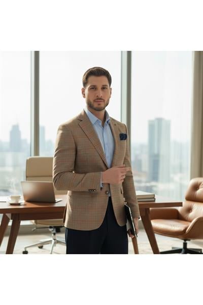 Marega Erkek Bej Ekose Slim Fit Mono Yaka Spor Blazer Ceket