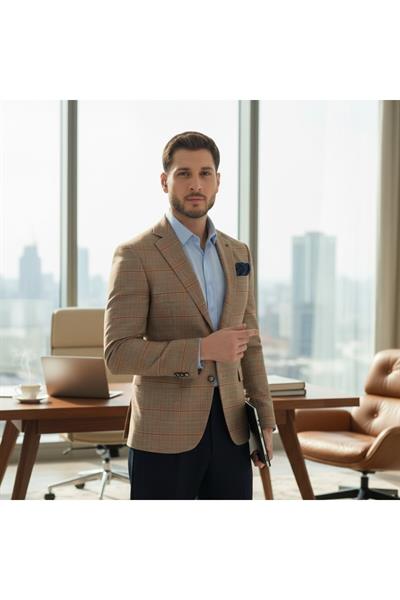 Marega Erkek Bej Ekose Slim Fit Mono Yaka Spor Blazer Ceket