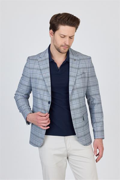 Maregas Erkek Açık Lacivert-Gri Pamuklu Ekose Slim Fit Mono Yaka Spor Blazer Ceket