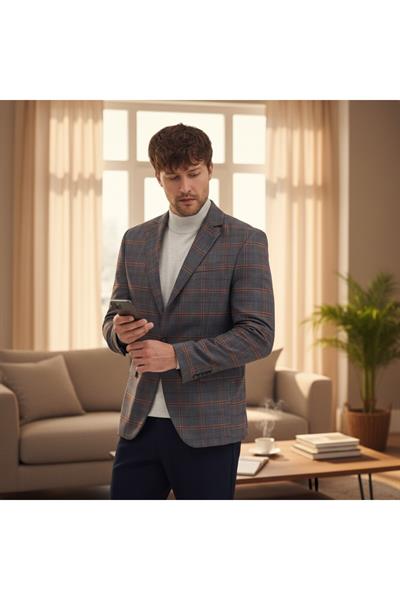 Maregas Erkek Navy-Hardal Pamuklu Ekose Slim Fit Mono Yaka Spor Blazer Ceket