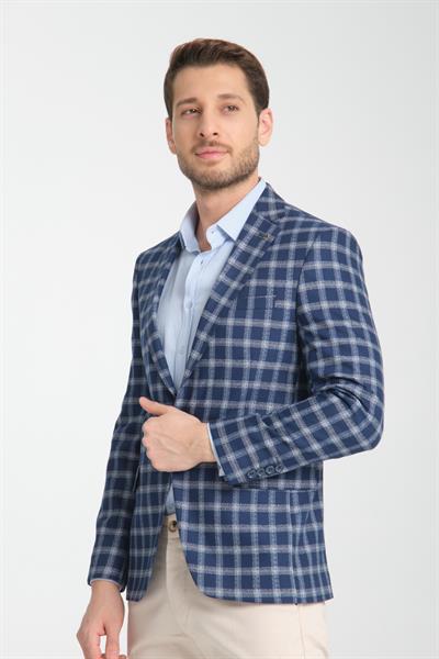 Mario Erkek Açık LacivertEkose Slim Fit Mono Yaka Spor Blazer Ceket