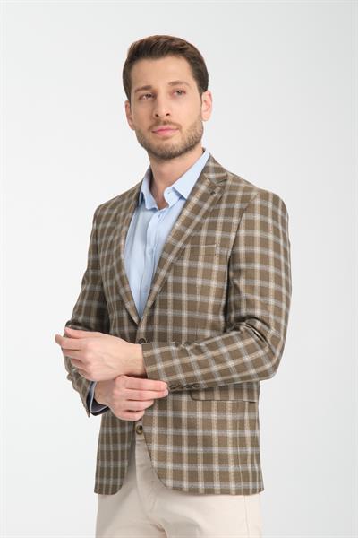 Mario Erkek Bej Ekose Slim Fit Mono Yaka Spor Blazer Ceket