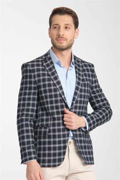 Mario Erkek Koyu Lacivert Ekose Slim Fit Mono Yaka Spor Blazer Ceket