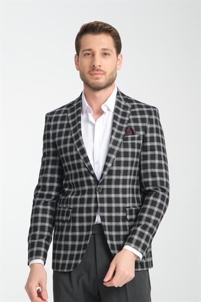 Mario Erkek Siyah Ekose Slim Fit Mono Yaka Spor Blazer Ceket